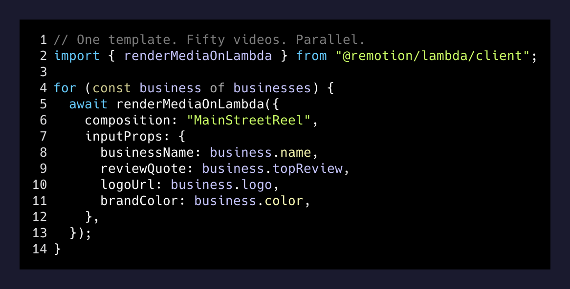 Remotion: one template, parametrized batch render