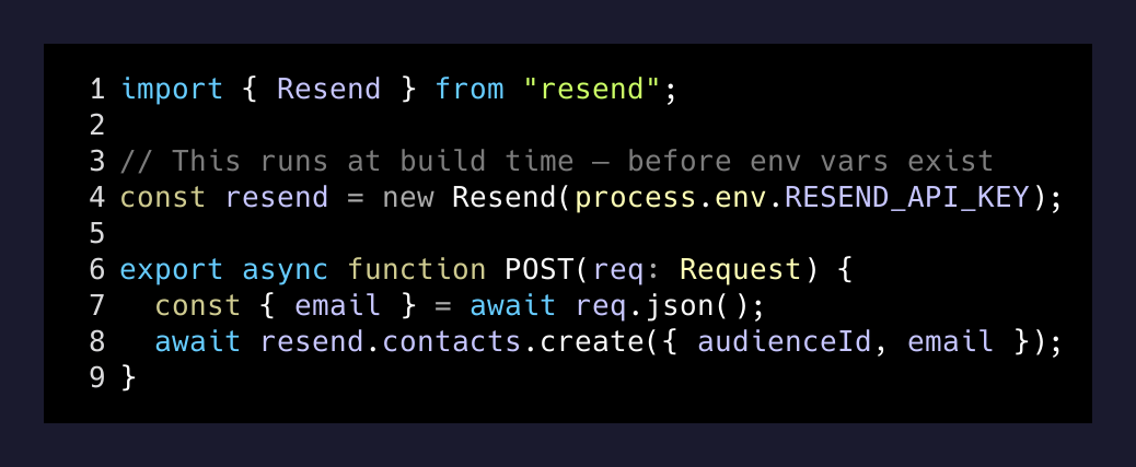 The route handler with top-level Resend initialization that runs at build time