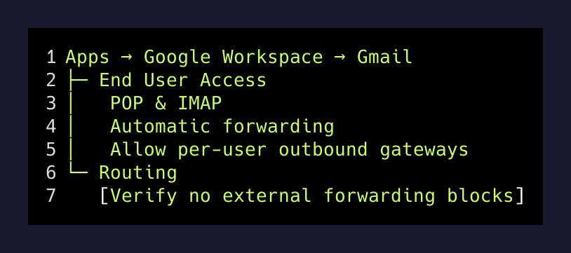 Gmail admin settings: POP/IMAP and forwarding toggles
