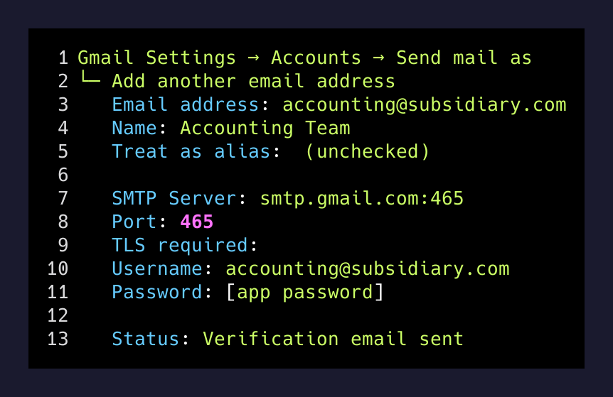 Gmail settings: adding an SMTP send-as address