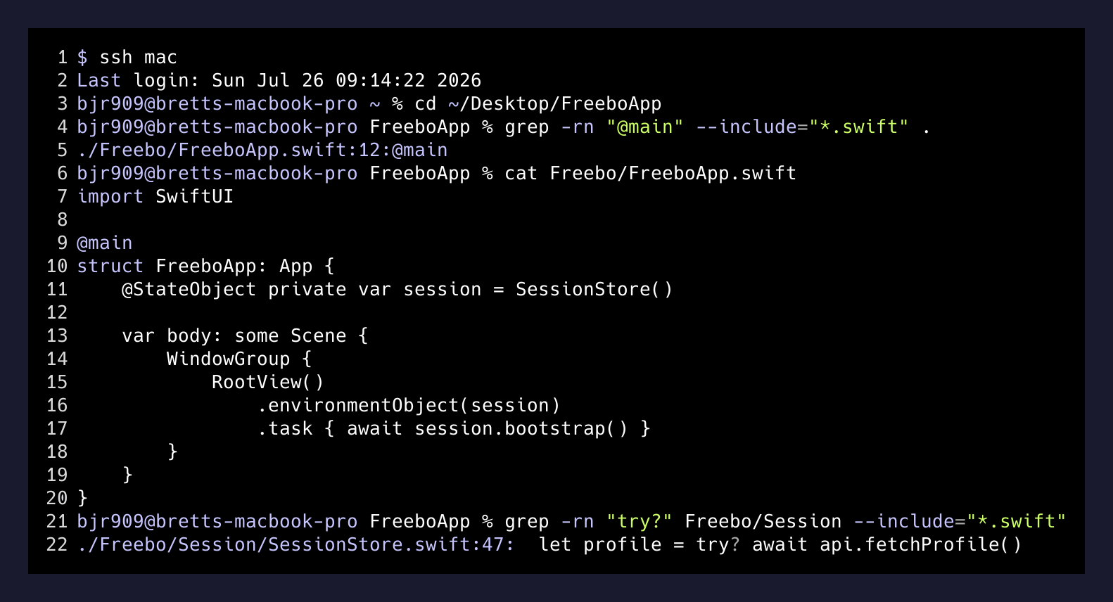 Grepping the Freebo iOS source over SSH from a Linux terminal to find the app entry point