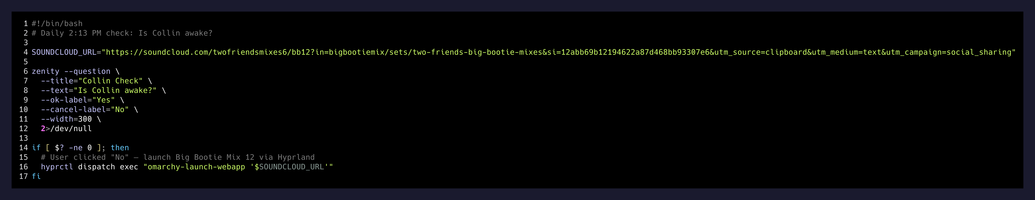 The full collin-check script — a zenity dialog and a SoundCloud URL