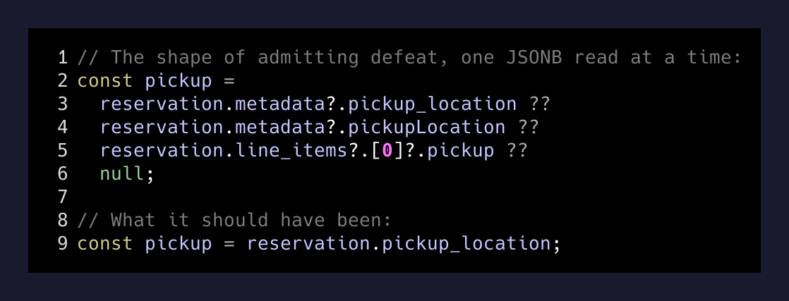 Reading from a widened JSONB column with three fallback keys, next to what it should have been