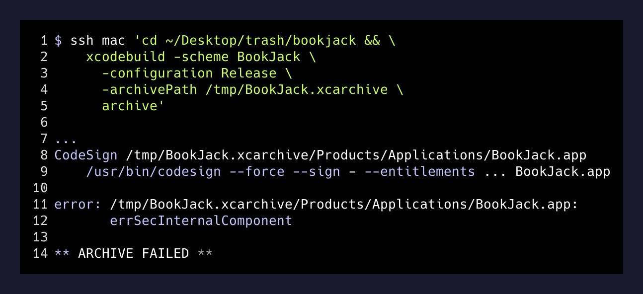xcodebuild archive over SSH failing with errSecInternalComponent during codesign