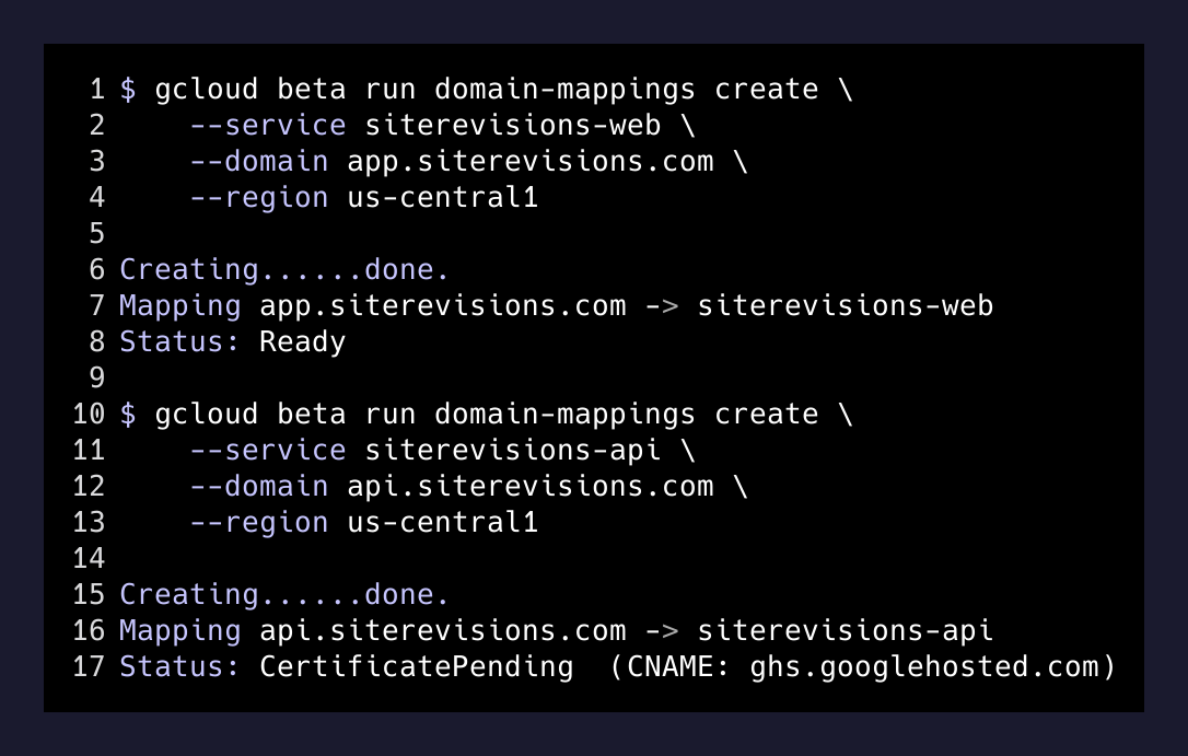 Cloud Run domain mappings for app. and api.