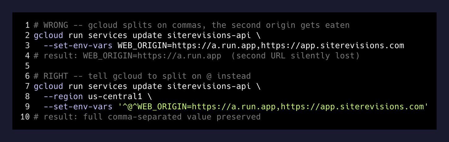 The gcloud env-var delimiter trick