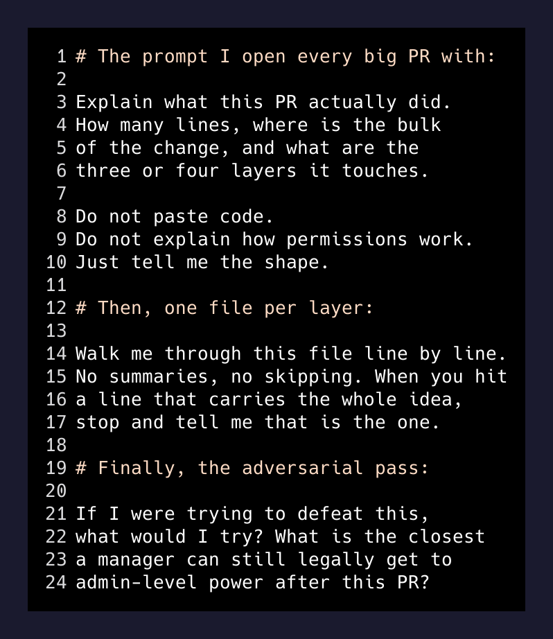 The three prompts I use on every big PR I did not write
