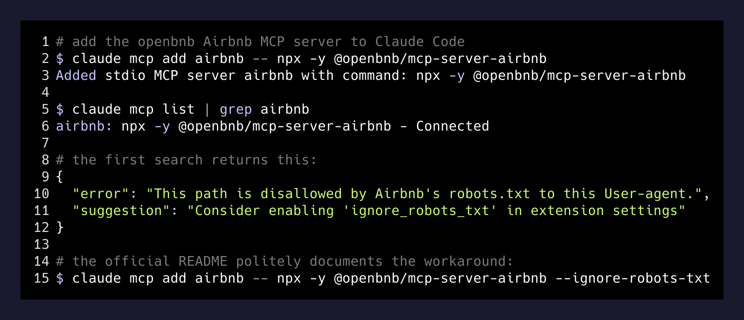 Installing the Airbnb MCP server in Claude Code, hitting robots.txt, and adding the documented bypass flag