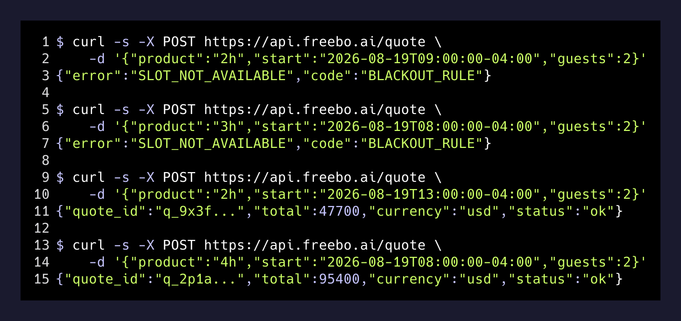 Live quote endpoint proving blackout is biting