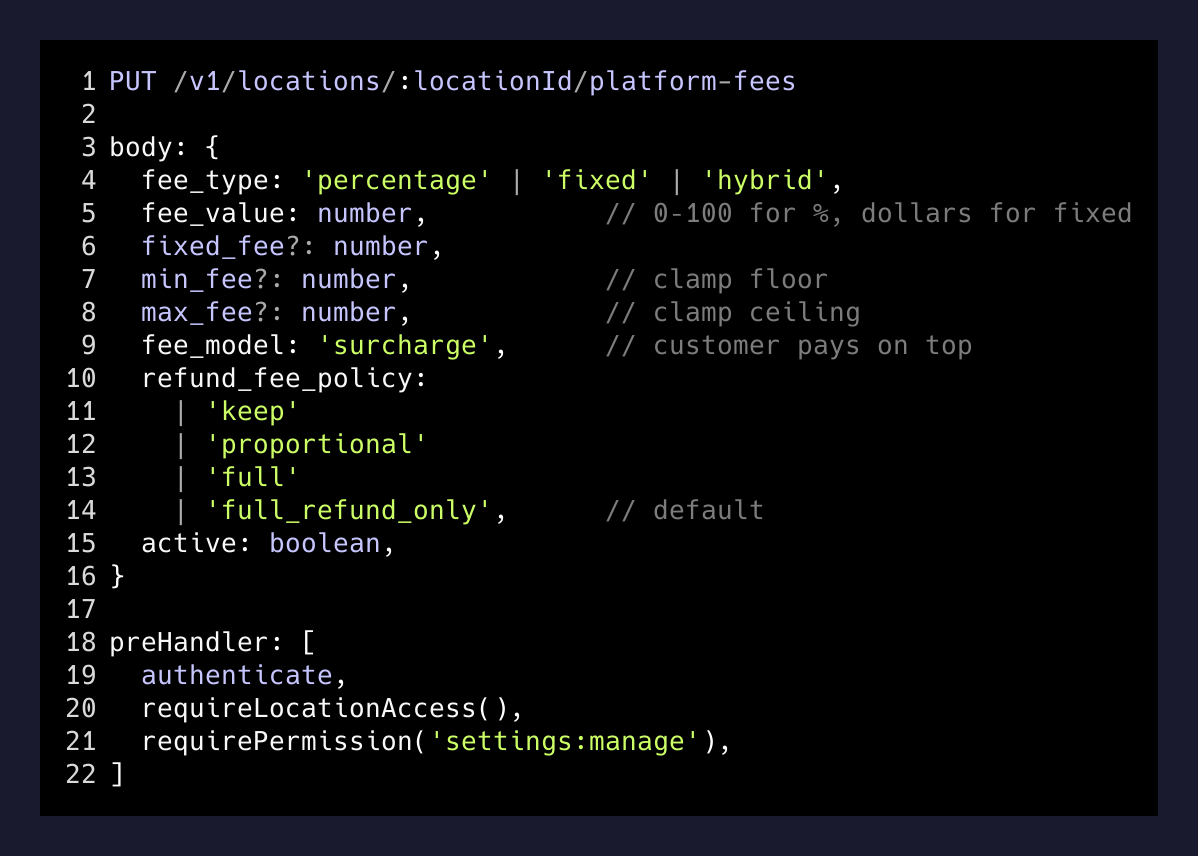Platform fees PUT route