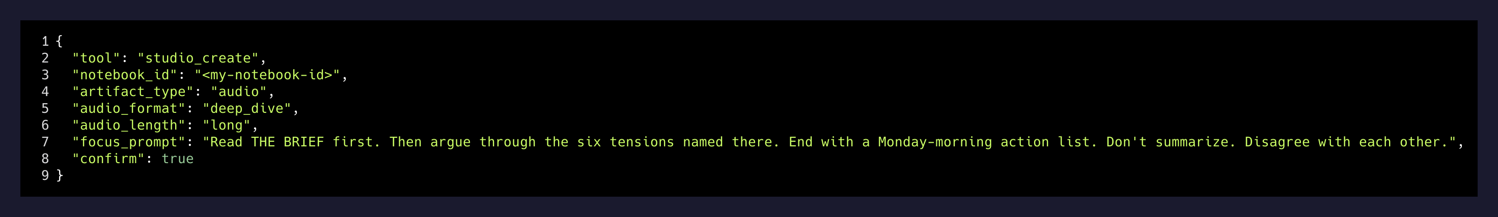 The studio_create call with deep_dive + long + focus_prompt