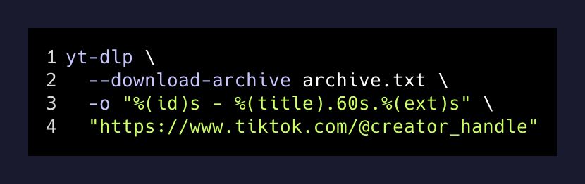 TikTok archive command with yt-dlp download-archive flag