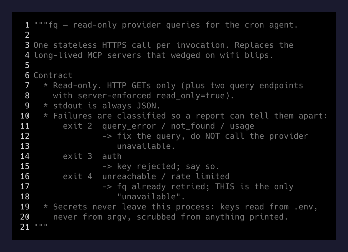 The fq CLI docstring — stateless HTTPS, exit codes as contract, keys never in argv