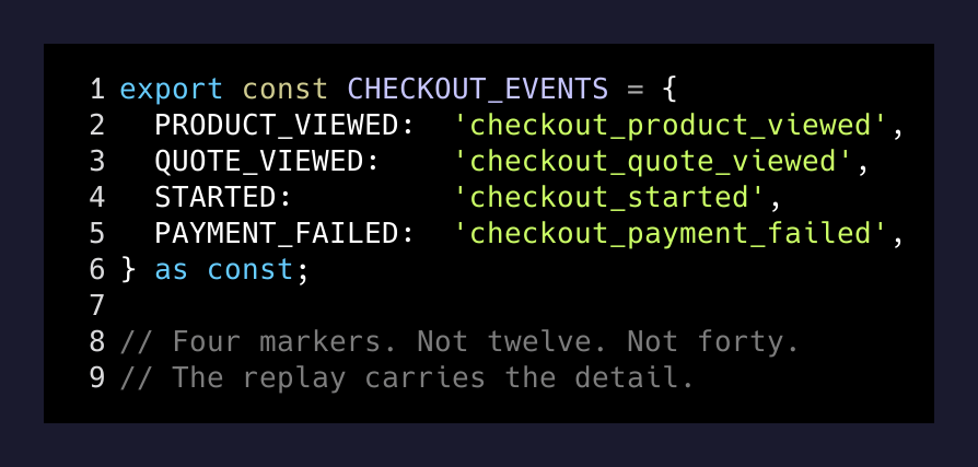 The four checkout events — intentionally coarse, so replay carries the detail