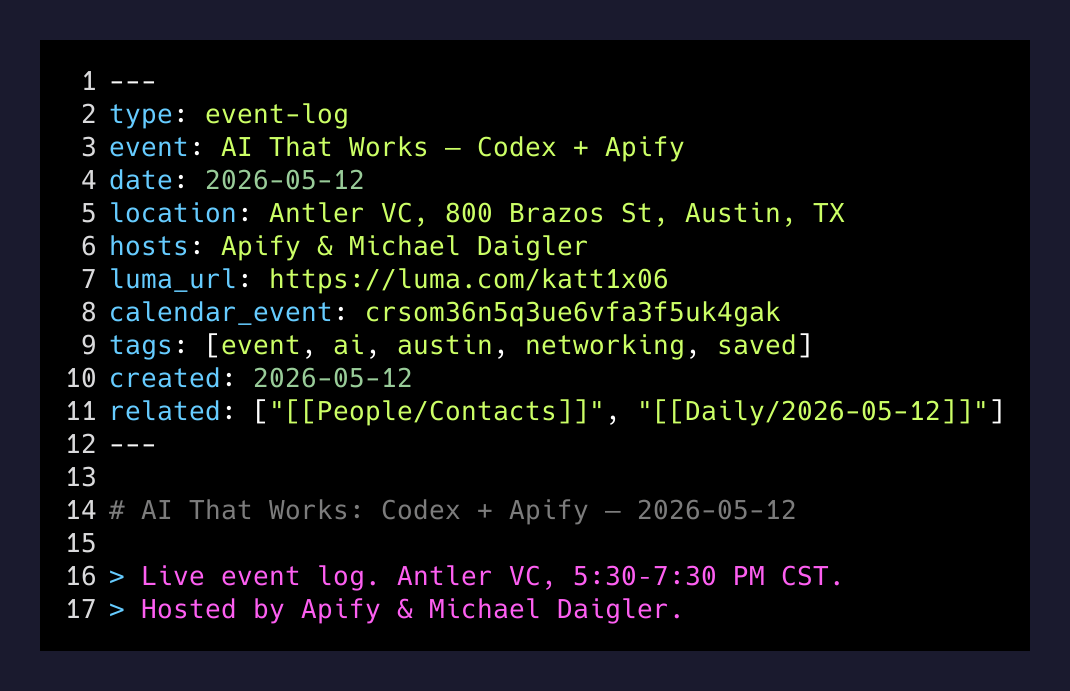 Event log frontmatter the PA created on arrival