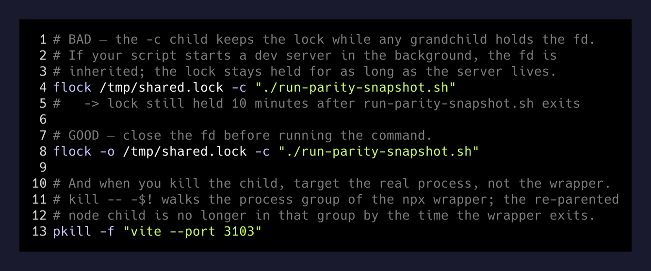 The flock fd-inheritance fix the agents discovered on their own