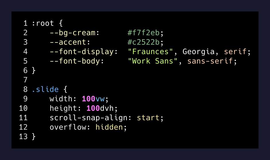 Pitch deck design tokens — the full visual system in CSS variables