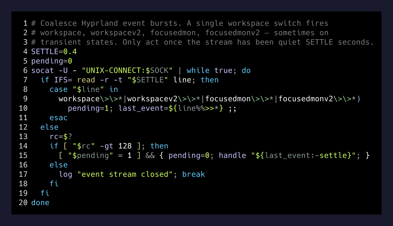 The debounced event loop that watches Hyprland for workspace changes
