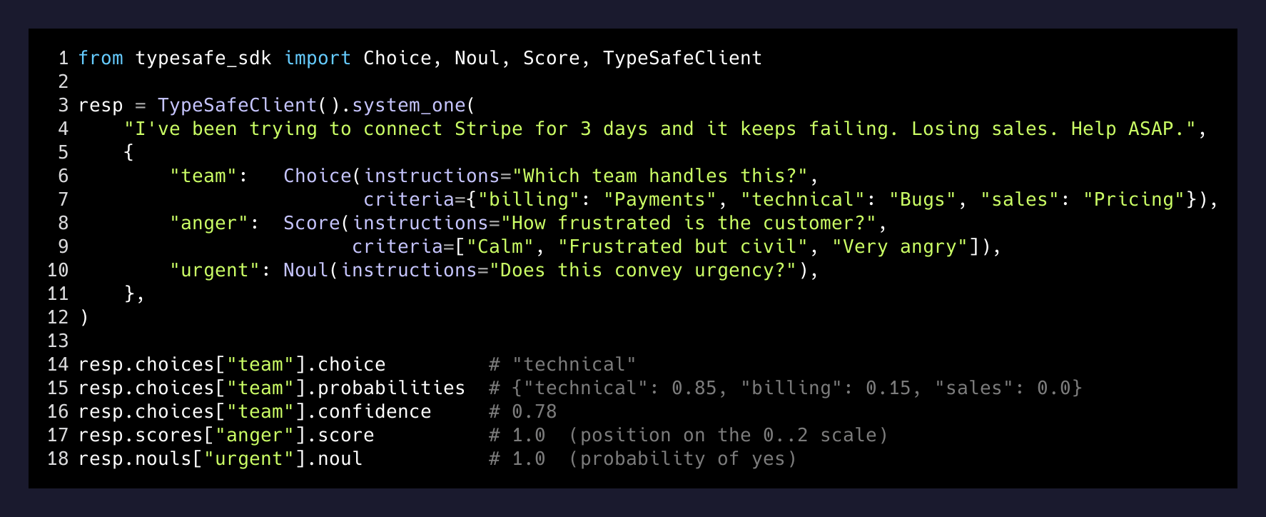 Python code showing a Jev system_one call with Choice, Score, and Noul typed questions, and the typed response fields