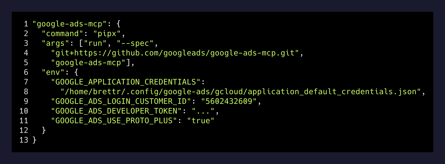 Google Ads MCP config