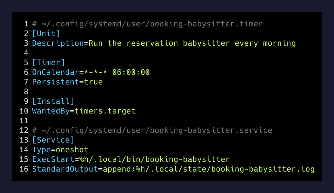 The systemd timer and service files that run the babysitter every morning