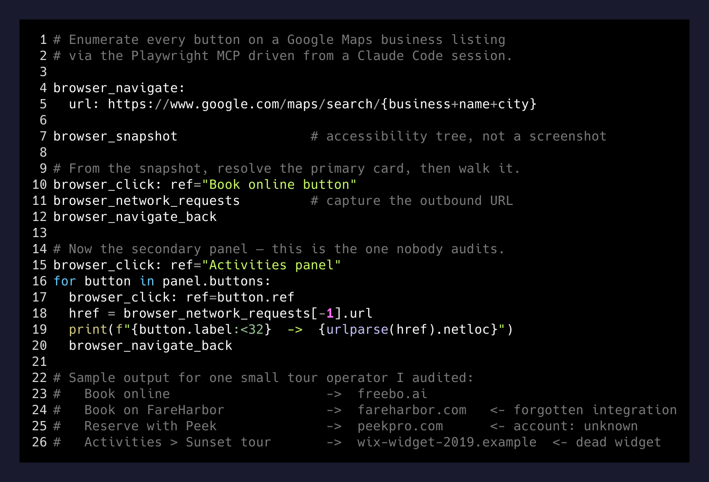 The MCP calls that walk a Google Maps listing and enumerate every action-button URL