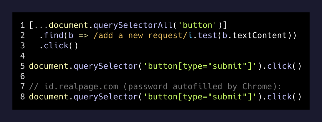 The login click sequence — email, then submit, then submit again on the RealPage redirect