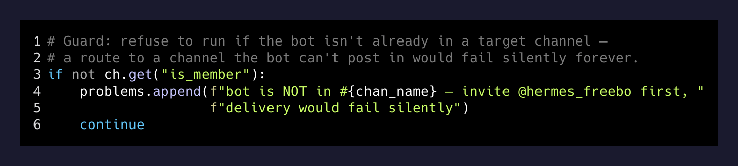 Guard clause that refuses to route to a channel the bot isn't a member of