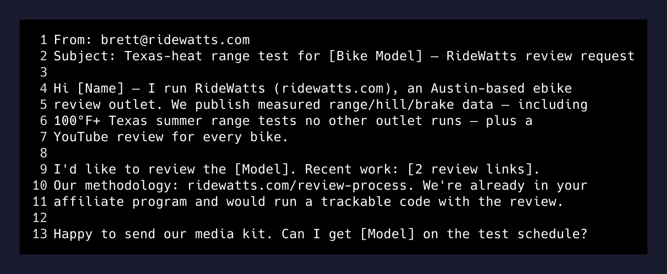 Pitch email skeleton from brett@ridewatts.com