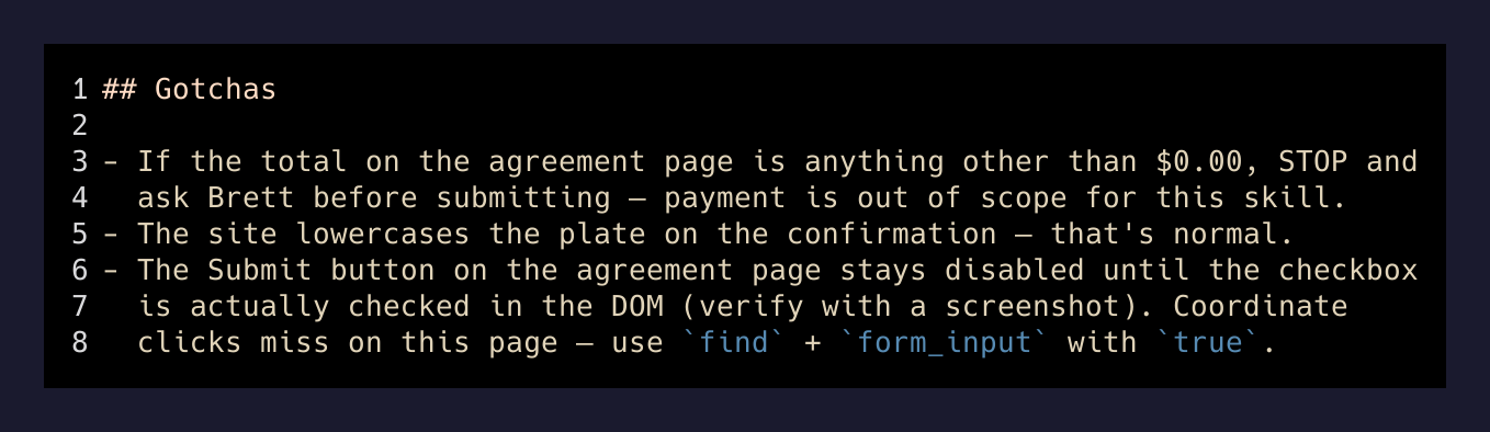 The gotchas section the agent wrote for its future self