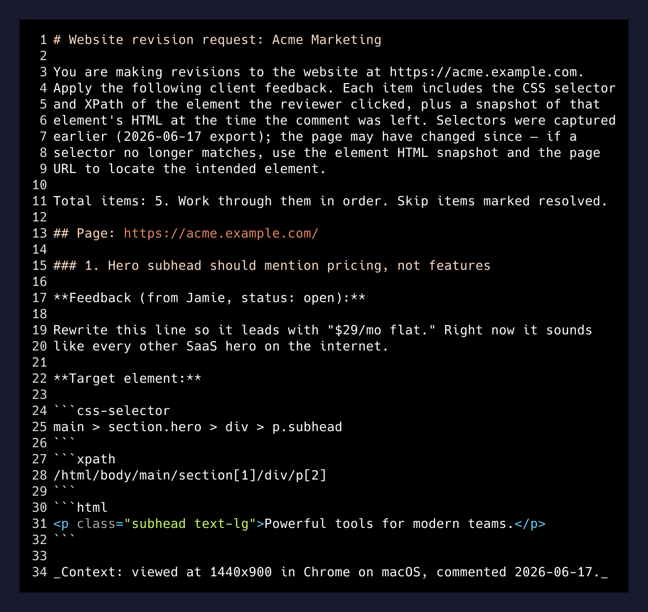 Export markdown sample with selector, xpath, and element HTML