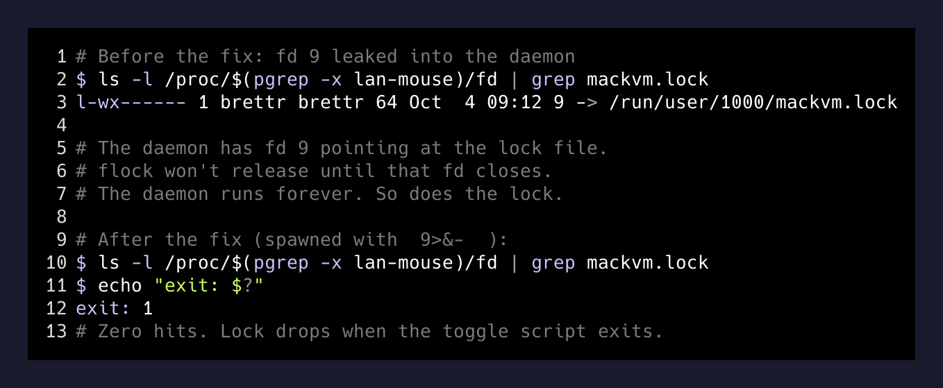 Before and after /proc/pid/fd listing showing fd 9 leaked into lan-mouse, then closed
