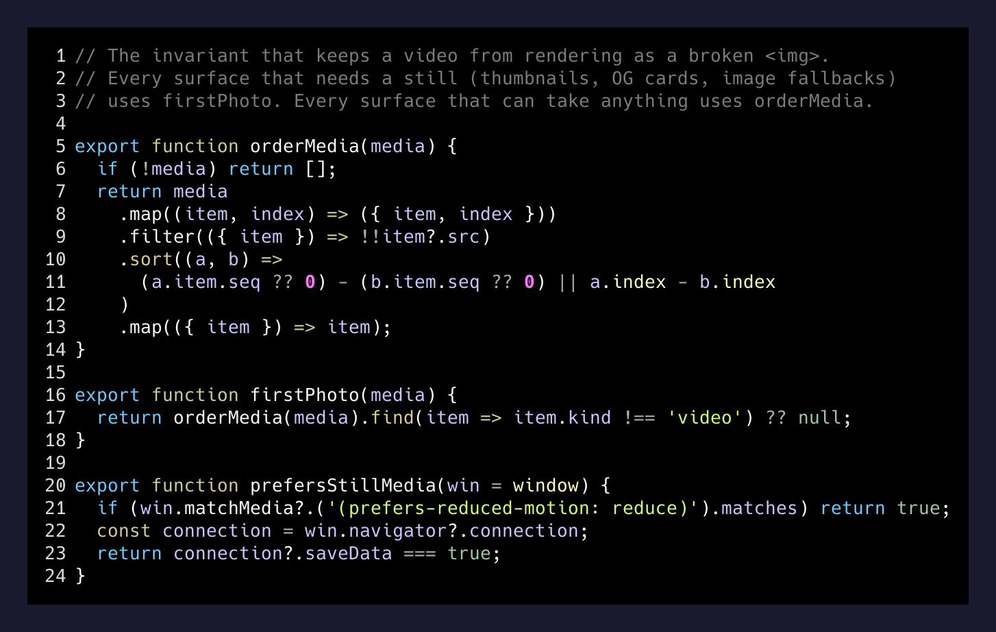 Media helpers — the invariant lives in one file