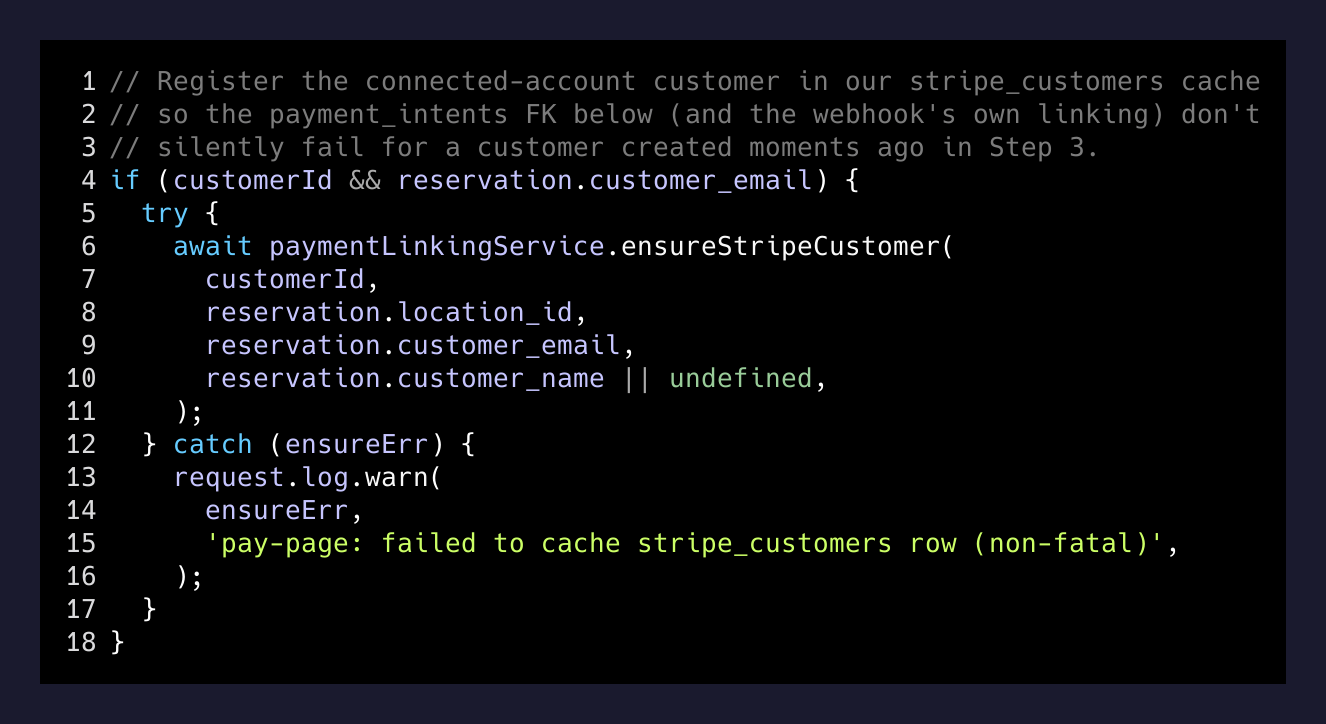 The defensive ensureStripeCustomer call added to the pay-page session flow