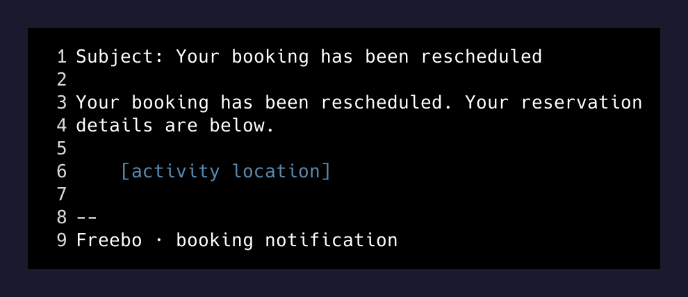 The rendered reschedule email — subject correct, body empty