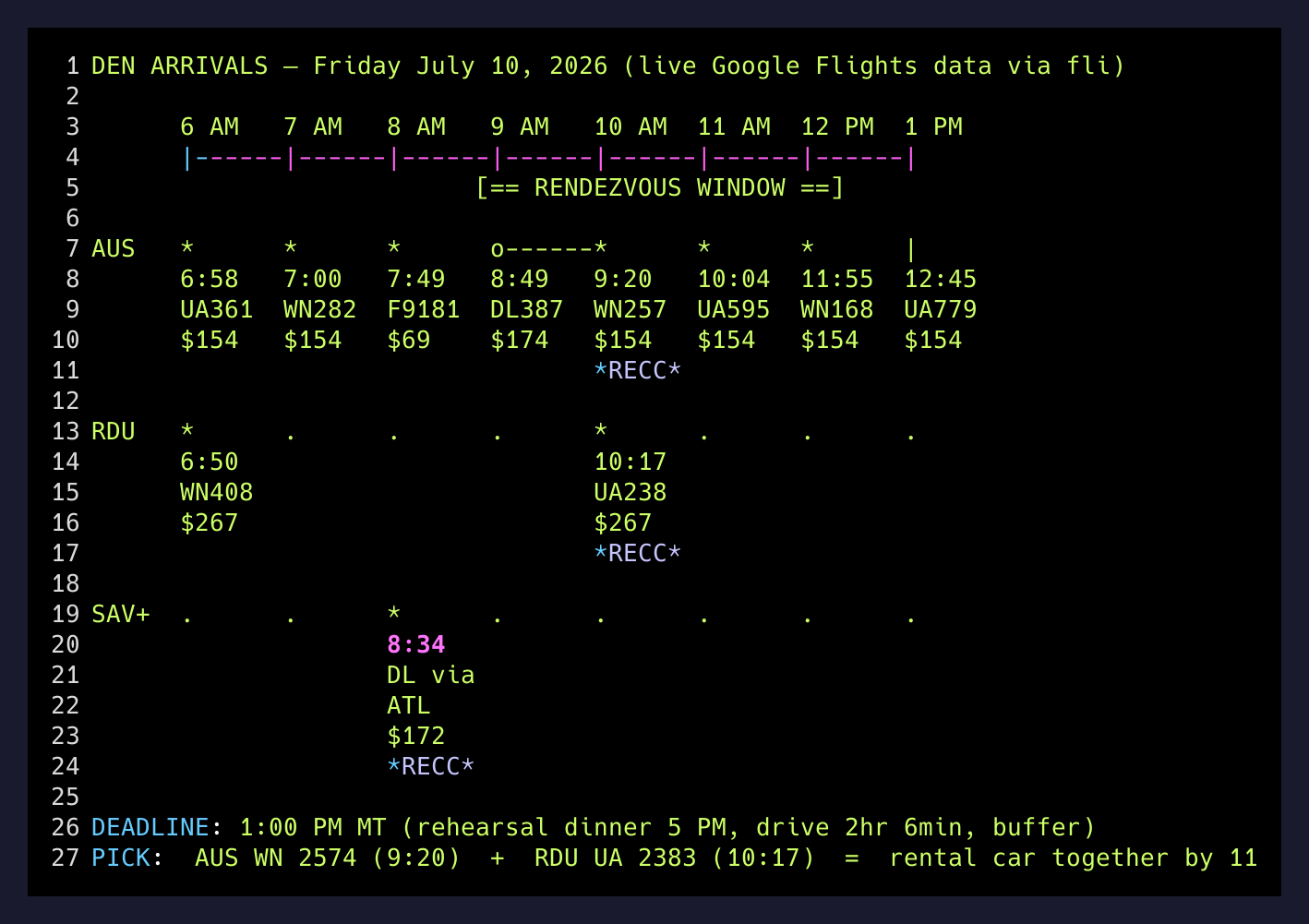 Real flight arrivals at DEN — Friday July 10, 2026, three origin cities