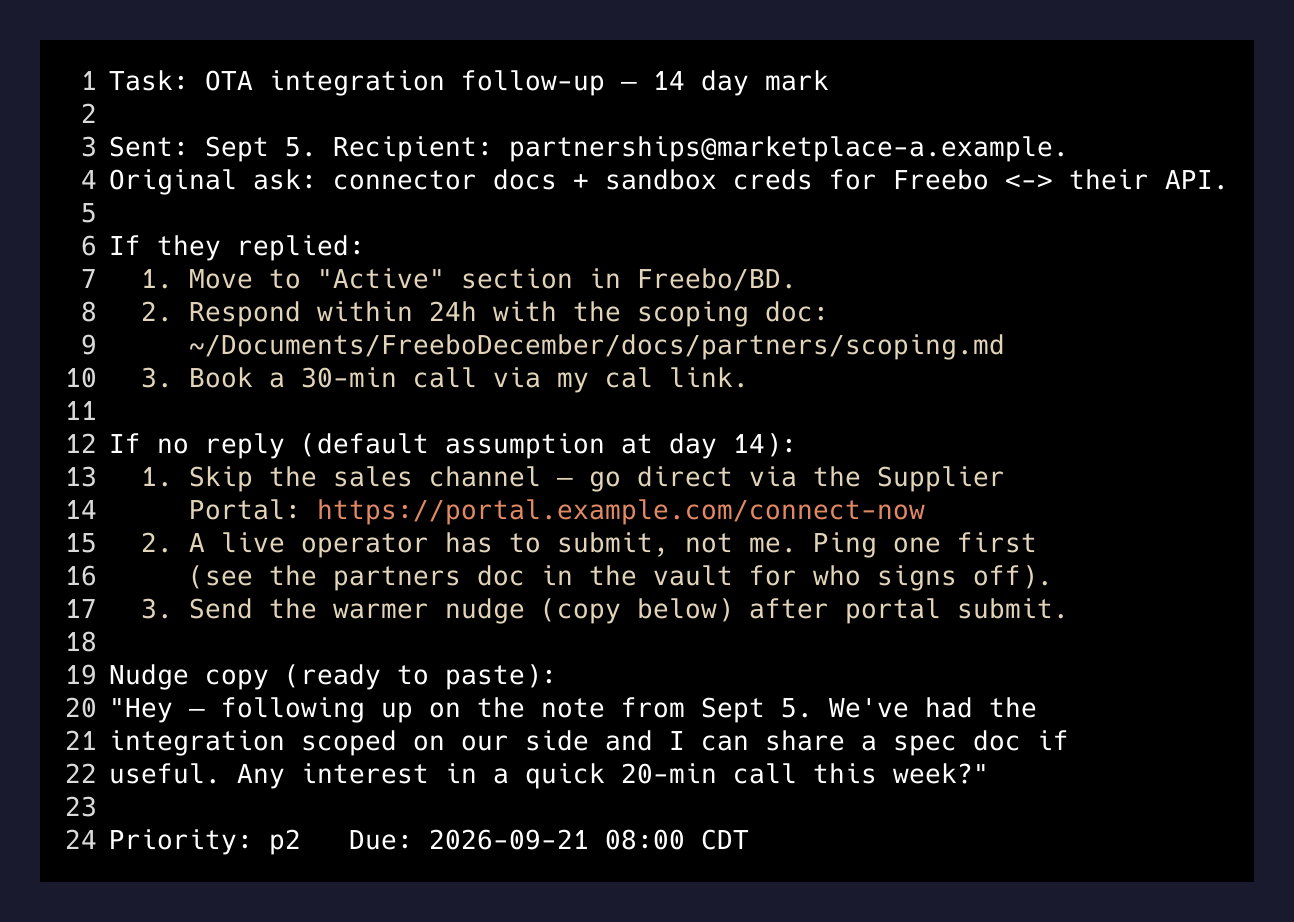 A follow-up task description that reads like a runbook, with the next steps inline instead of a link to another doc.