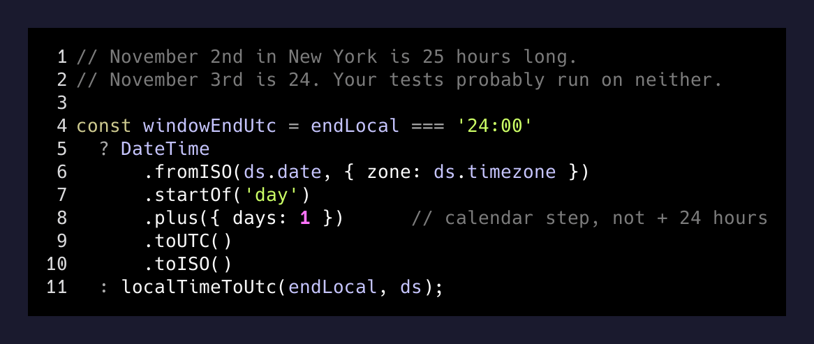 The DST-safe fix, with the comment that explains why both arguments matter