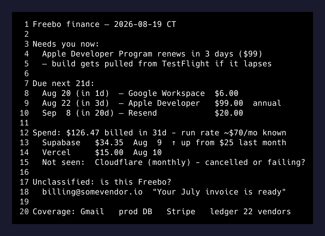 Example Slack digest with sections for what's due, current spend, unseen vendors, and unclassified charges
