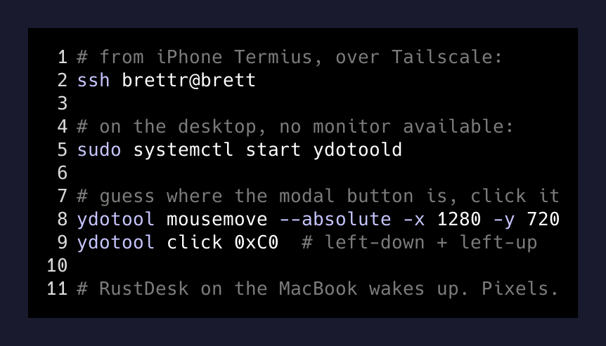 The actual sequence: SSH in, start the daemon, blind-click the modal