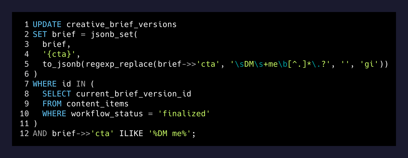 The exact UPDATE that patched 30 finalized briefs without touching anything else