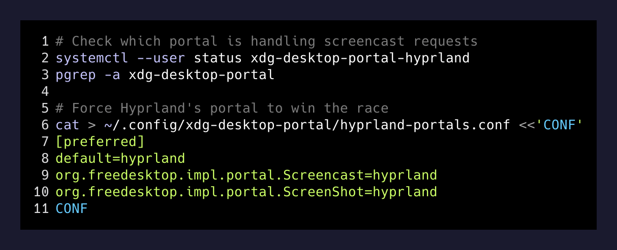 Verify xdg-desktop-portal-hyprland is running