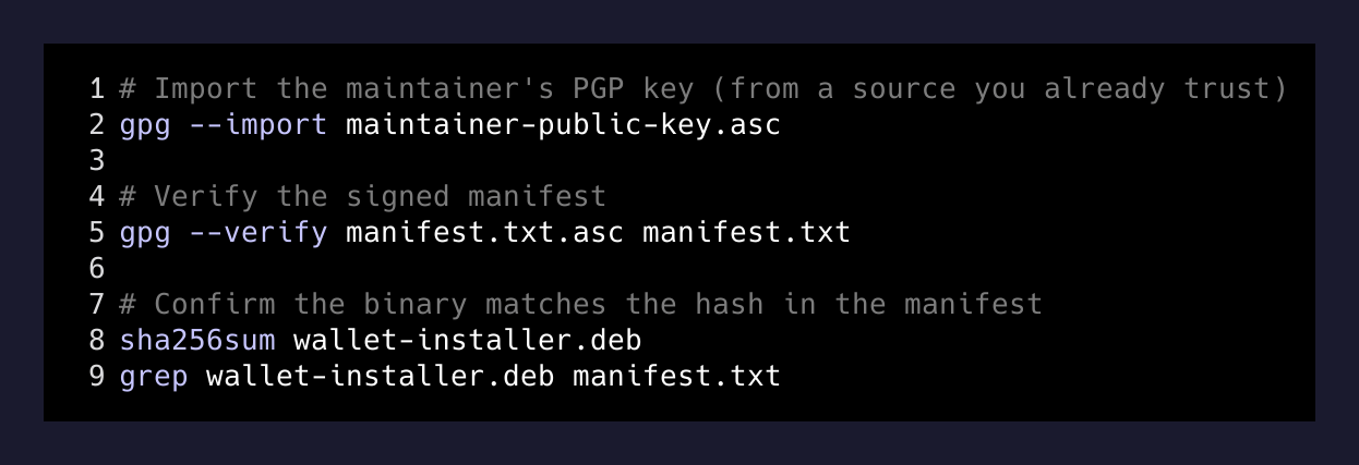 Four commands to verify a Bitcoin wallet release: import PGP key, verify manifest signature, hash the binary, grep the hash out of the manifest.