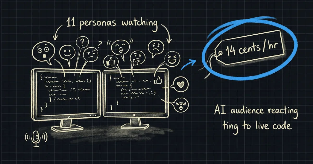 Hand-drawn diagram: eleven AI personas reacting to live coding across two monitors for fourteen cents an hour
