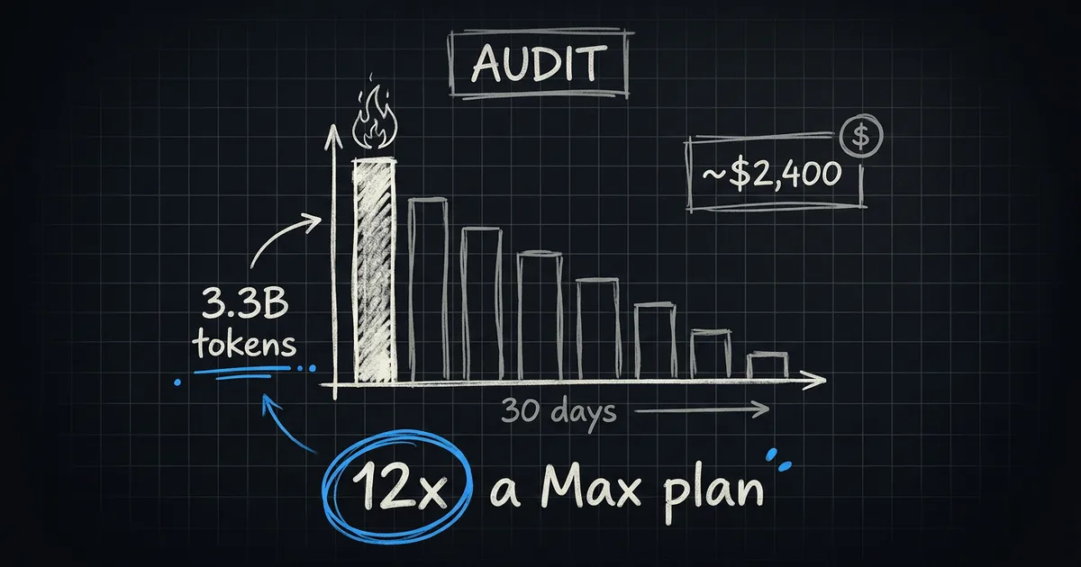 Hand-drawn diagram: a month of Claude Code token burn, 3.3B tokens and ~$2,400, at 12x a Max plan