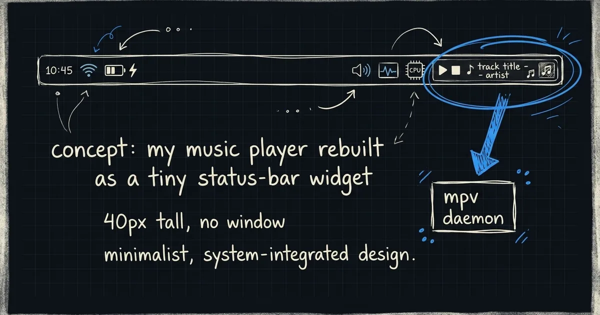 Hand-drawn diagram: a music player rebuilt as a 40-pixel status-bar widget backed by a headless mpv daemon