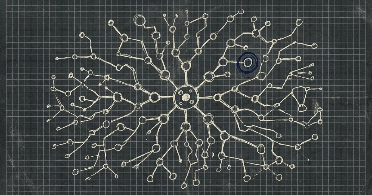Hand-drawn blueprint of worker nodes fanning out from a central orchestrator, one node circled in blue