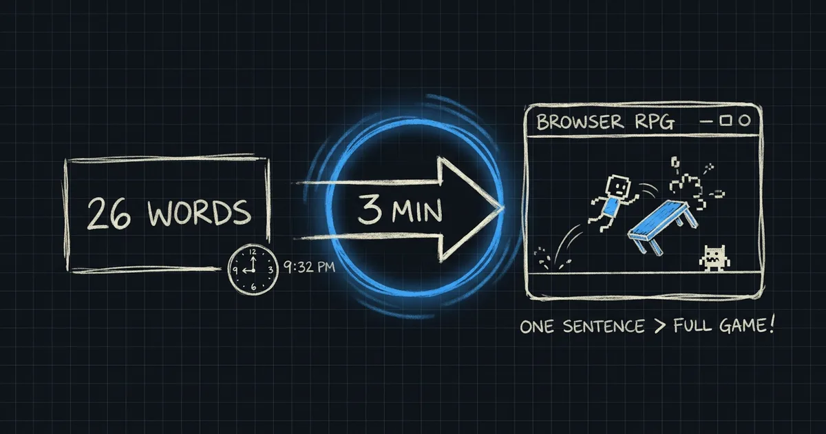 Hand-drawn diagram: twenty-six words becoming a full browser RPG in three minutes