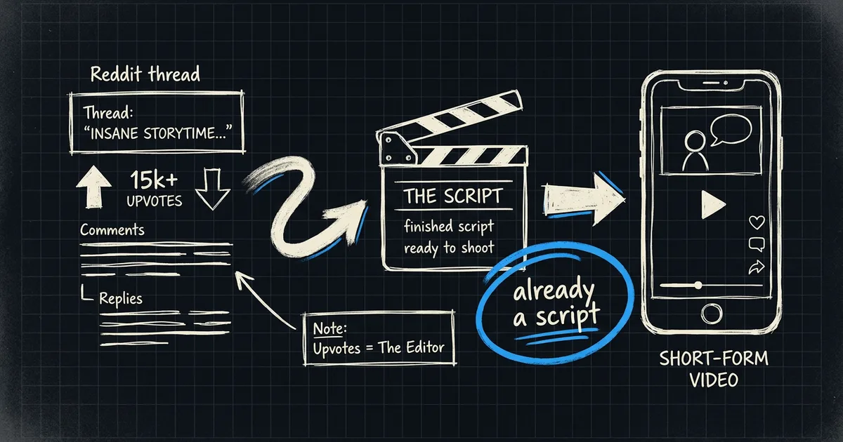Hand-drawn diagram: a viral Reddit thread reframed as a finished short-form video script