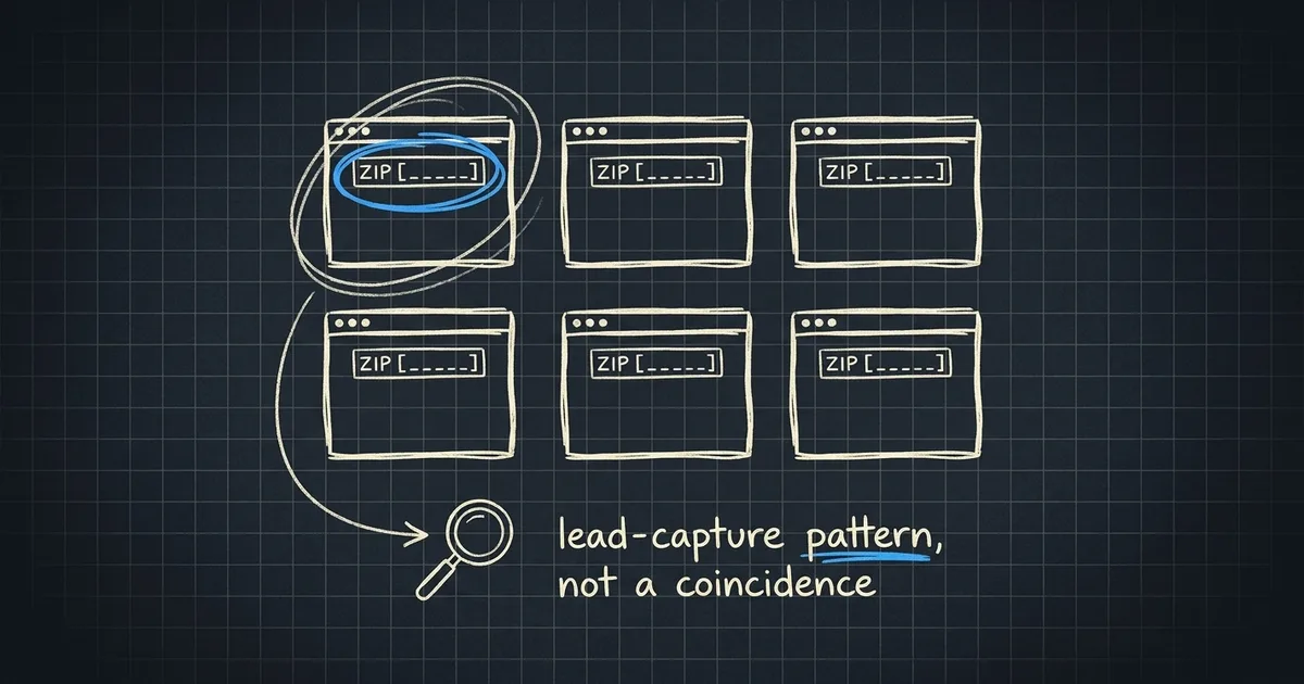 Hand-drawn diagram: identical ZIP-code capture boxes on insurer homepages framed as a lead-capture pattern